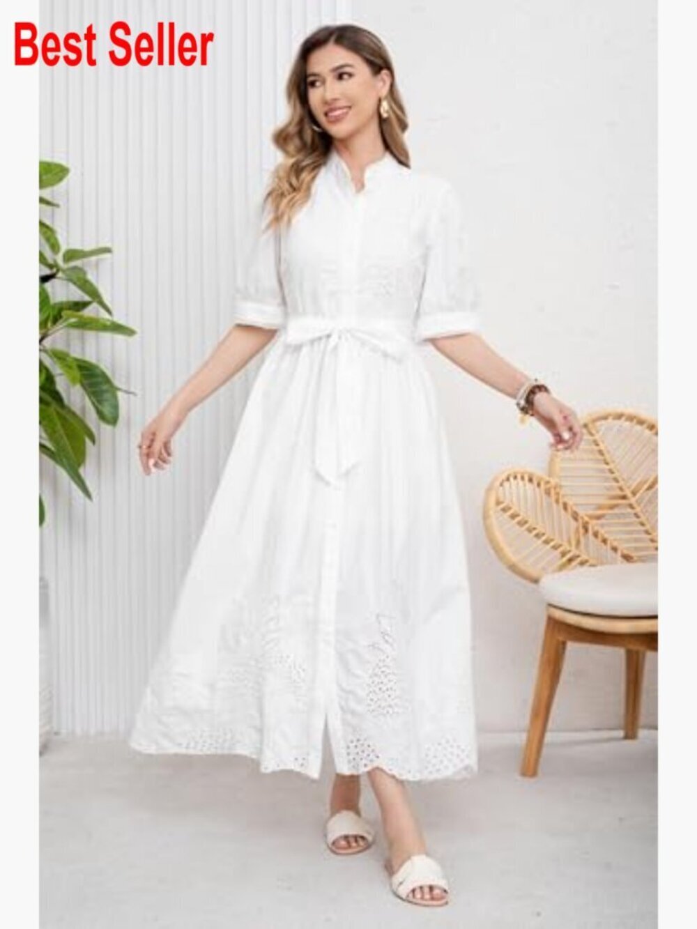 Embroidered Eyelet Cotton Shirt Dress with Belt Puff Sleeve Boho Maxi - Picture 3 of 7